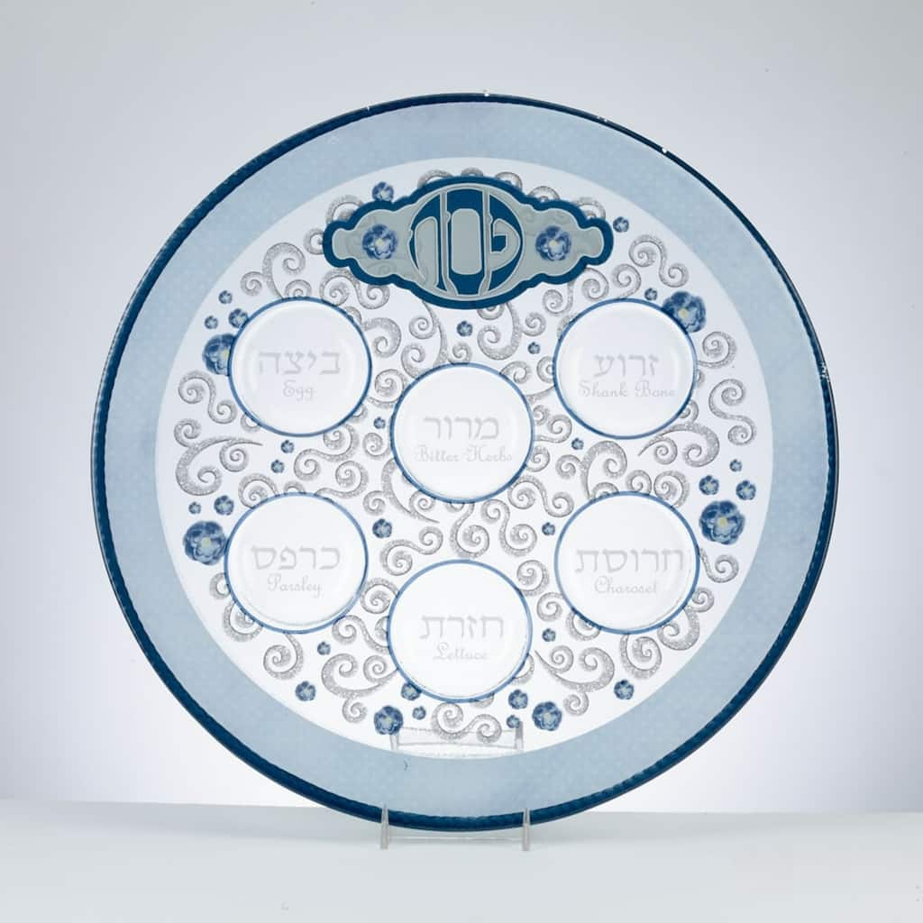 12" Elegant Blue and Gray Glass Passover Round Seder Plate