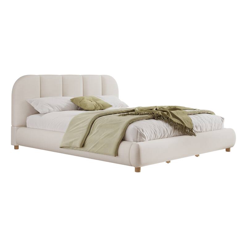 Christopher Knight Home - Modern Upholstered Linen Fabric Bed Frame with Wooden Leg - with Curved Headboard Design