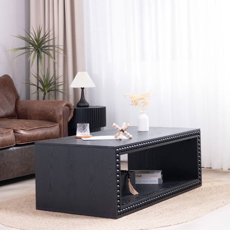 Beaded Edge Coffee Table - 47.6" Rectangular Center Table with Open Storage Shelf, Modern Farmhouse Style, Solid Black Finish