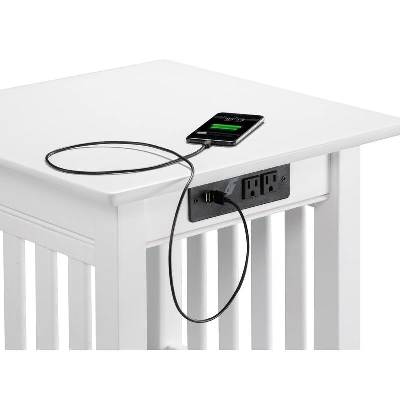 End Table with Charging Station - Modern Living Room Accent Table - White Finish - 20