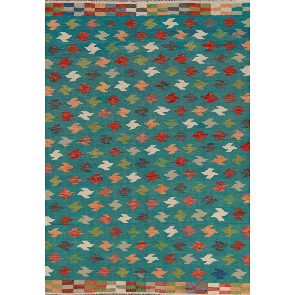 Hand Woven Oriental 100% Wool Carpet Southwestern All-Over Green Kilim Area Rug - 8' 2'' X 5' 7''