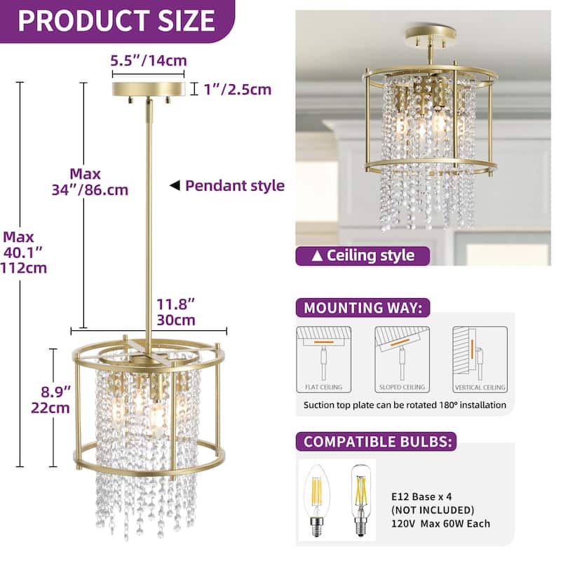 Round 4-Light Dining Room Crystal Light Chandelier Fixture for Kitchen Island Dining Room