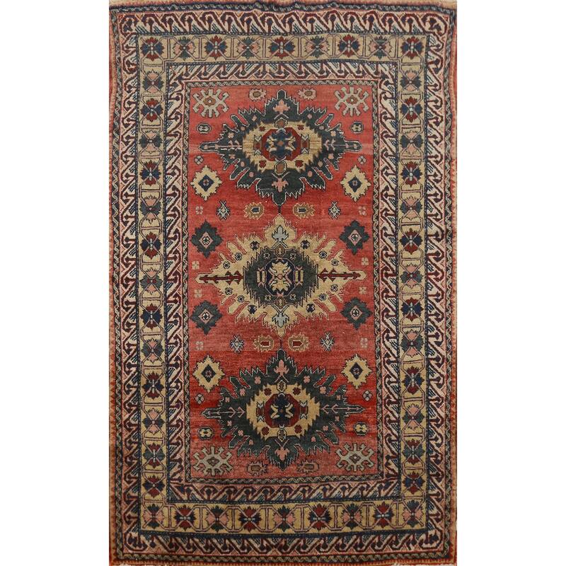 Hand Knotted Oriental 100% Wool Carpet Traditional Geometric Oranges & Rust Kazak Area Rug - 6' 0'' X 3' 10''