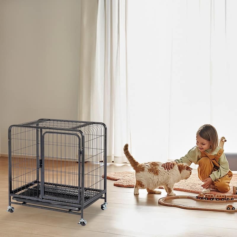 Black Metal Pet Crate Cage Kennel With Wheels