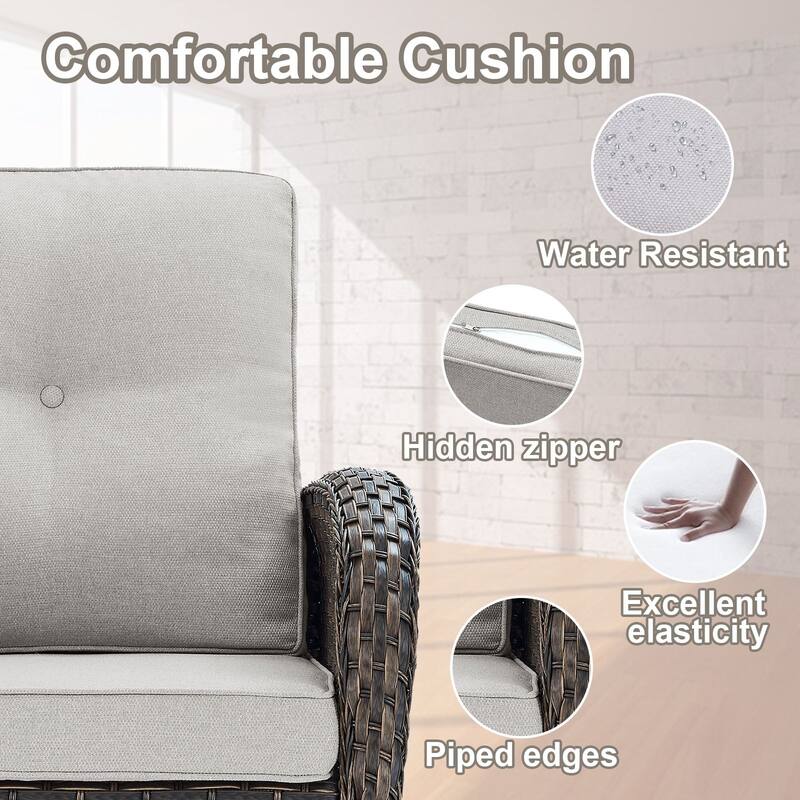 PlainCurve 7-Piece Brown Wicker Patio Fire Pit Sofa Seating Set with Olefin Cushions