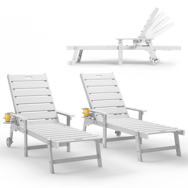WINSOON All-Weather Outdoor Chaise Lounge Chair, 5-Level Adjustable Backrest with Cup Holder - Whitex2