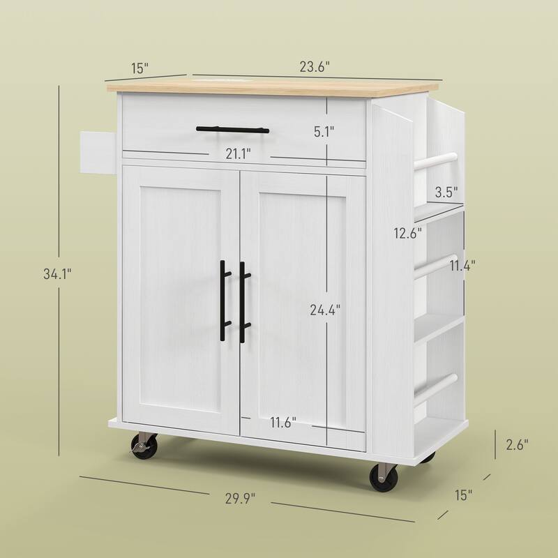 30" Rolling Kitchen Storage Cart with AC Outlets and USB Ports