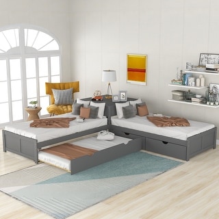 L-shaped Twin Platform Bed with Trundle,Linked with built-in Desk