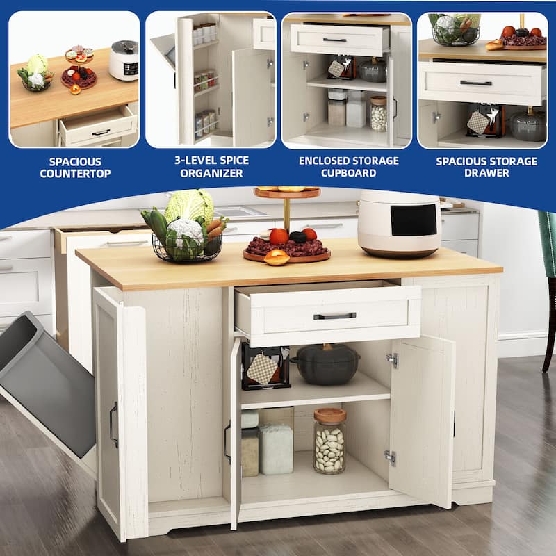 Moasis Rolling Kitchen Island with Trash Can Storage and Power Outlet &Spice Rack