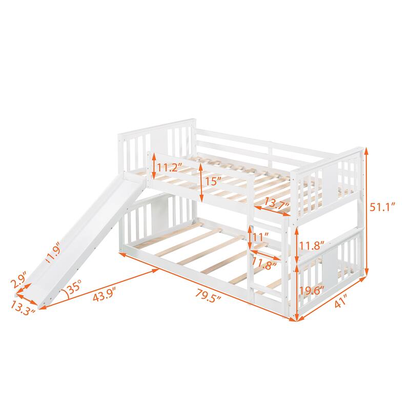 Twin over Twin Size Solid Wood Bunk Bed with Ladder, Slide and Fence for Kids, Bedroom