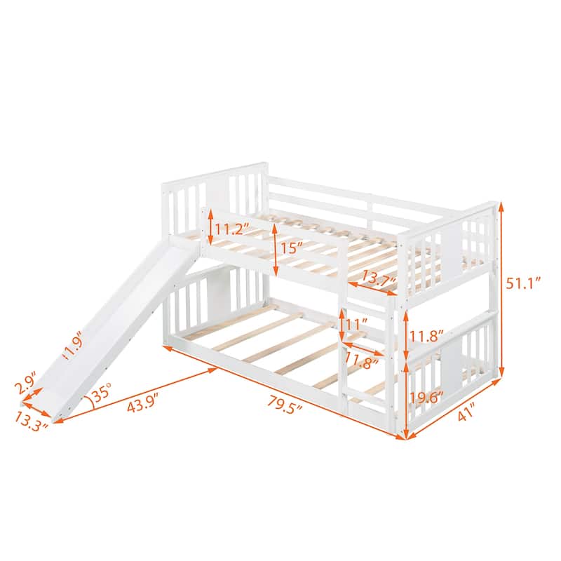 Wood Bunk Bed with Slide and Ladder, Solid Wood Bedframe with Safety Guardrail, Twin Over Twin Size, No Box Spring Needed