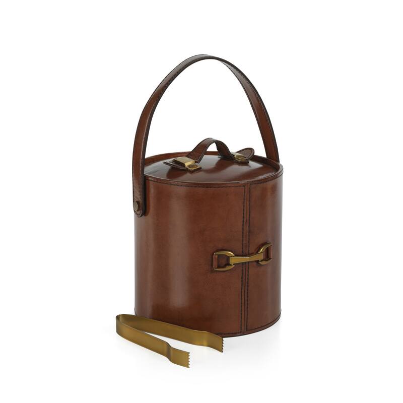 Chadwell Leather Ice Bucket with Gold Metal Ice Tong - 8" dia x 7.5"