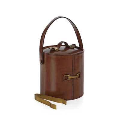 Chadwell Leather Ice Bucket with Gold Metal Ice Tong - 8" dia x 7.5"