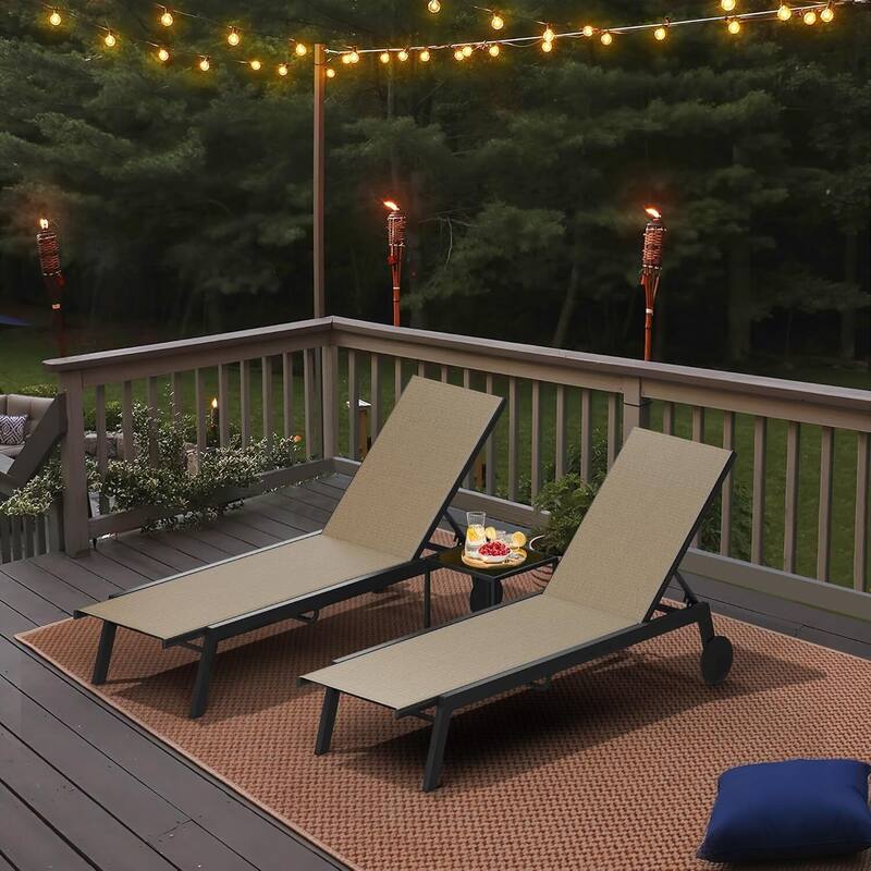 2 Patio Outdoor Textile Chaise Lounge Chairs with Side Table for Yard, Beach, Lawn, Porch, Garden