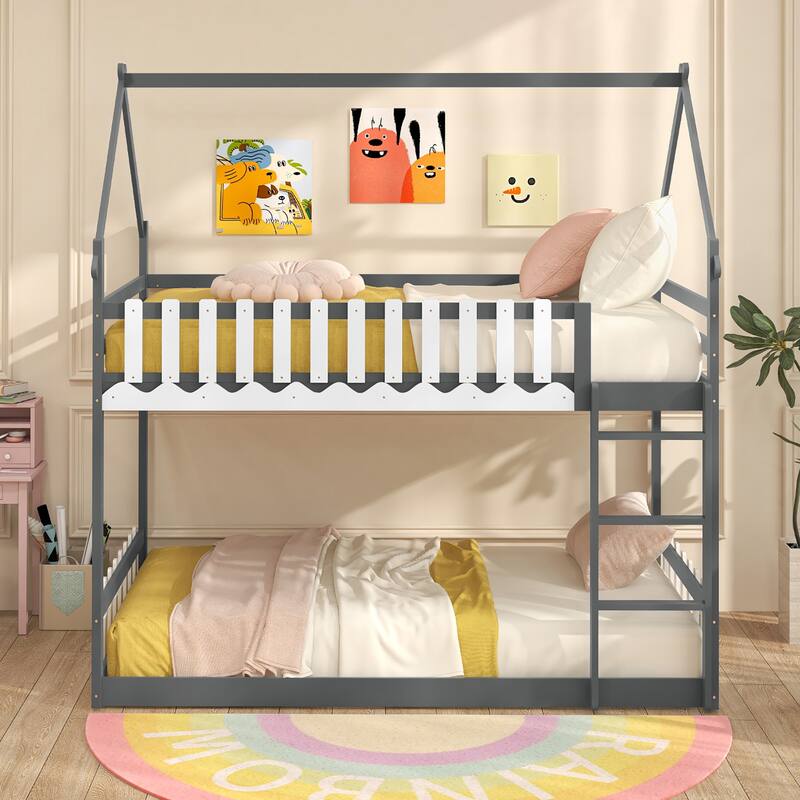 Gymax Twin Over Twin Bunk Bed w/ Fence & Ladder Solid Wood Floor Bunk