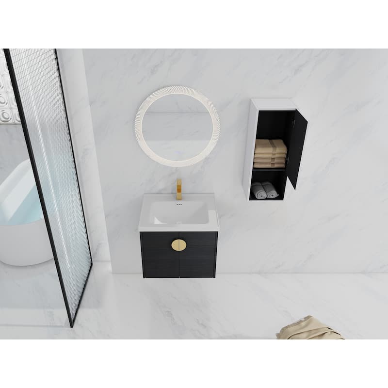 24" Wall-Mounted Bathroom Vanity With Ceramic Sink and Side Cabinet, Soft Close Doors, Combination Cabinet