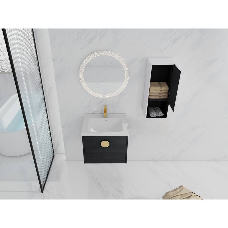 28" Floating Bathroom Vanity with Ceramic Sink, Soft-Close Doors, Wall-Mounted Side Cabinet, Black Chestnut