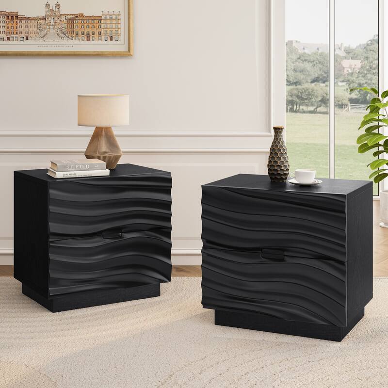 2-Piece Solid Wood Nightstand Set - No-Handle Design, Black