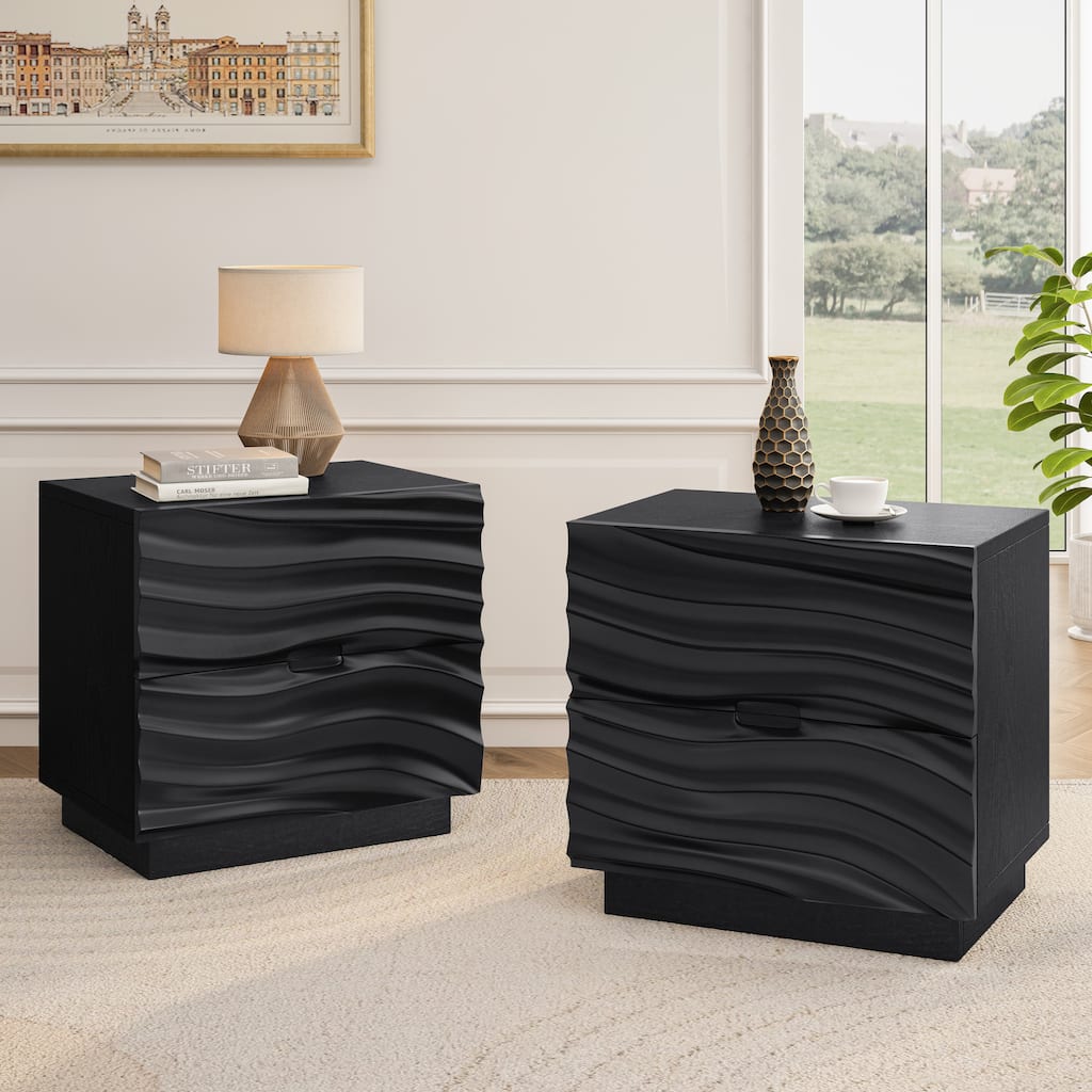 2-Piece Solid Wood Nightstand Set - No-Handle Design, Black