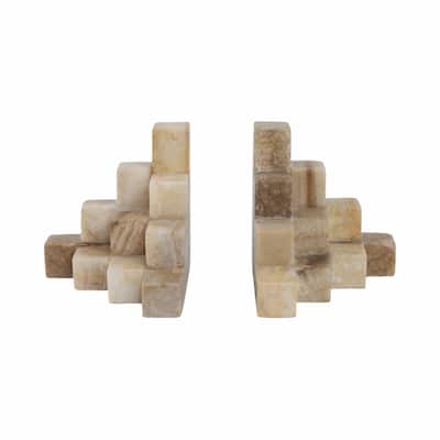 Stone Marble Geometric Stacked Texture Bookends (Set of 2) - 6" Tan - 6" x 6" x 6"