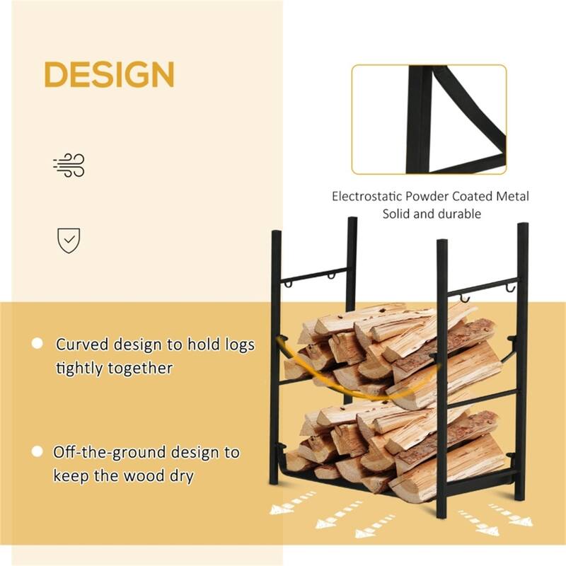 Black Steel Firewood Rack with Fireplace Tools and Off-Ground Design - 17.5" L x 11.5" W x 28.75" H