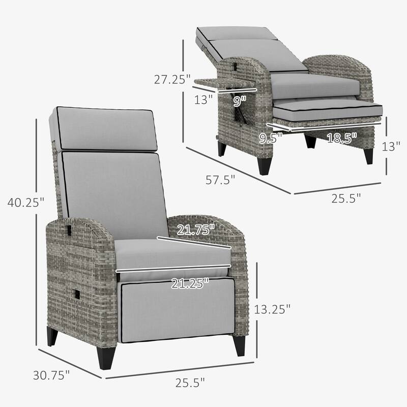 Outsunny Outdoor Recliner Chair with Cushion, PE Wicker Reclining Patio Lounge Chair with Adjustable Footrest