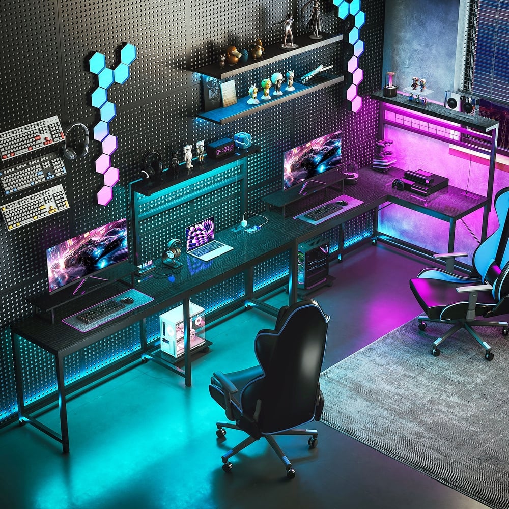HOMCOM Gaming Desk, 62" L Shaped Desk with Power Outlets & LED Lights, 86" 2 Person Computer Table with Shelf