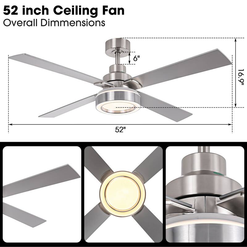 52" Modern Brushed Nickel Bedroom Ceiling Fan with Light and Remote Control