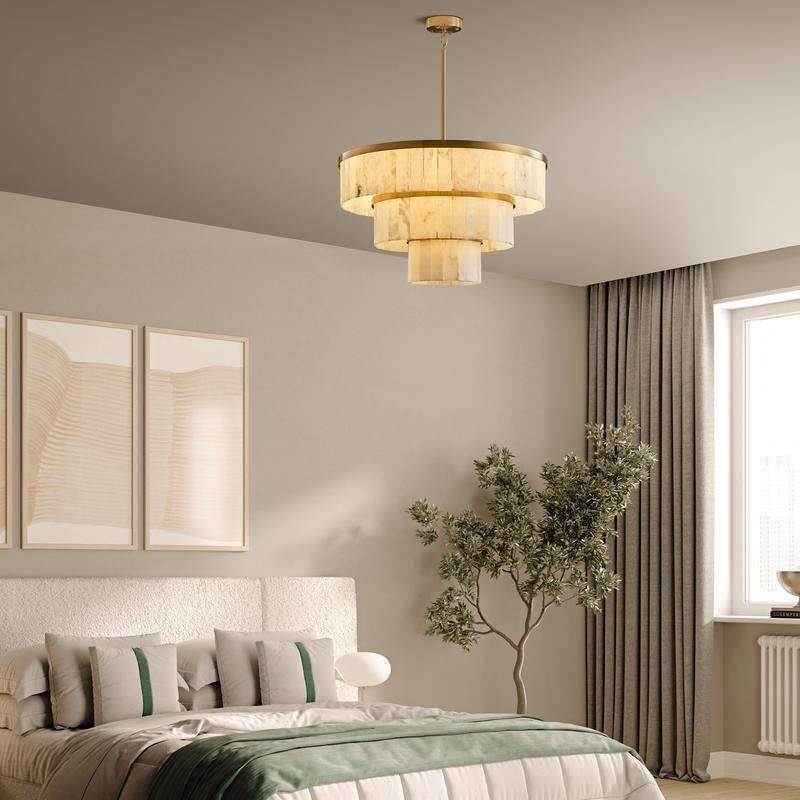 Elegant layered alabaster chandelier with natural stone panels