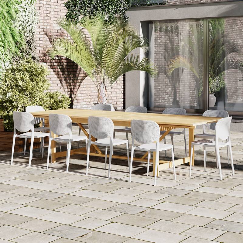 Amazonia Sunset Resin/ Eucalyptus 11-piece Outdoor Extendable Dining Set - Light Wood Finish Table and White Chairs