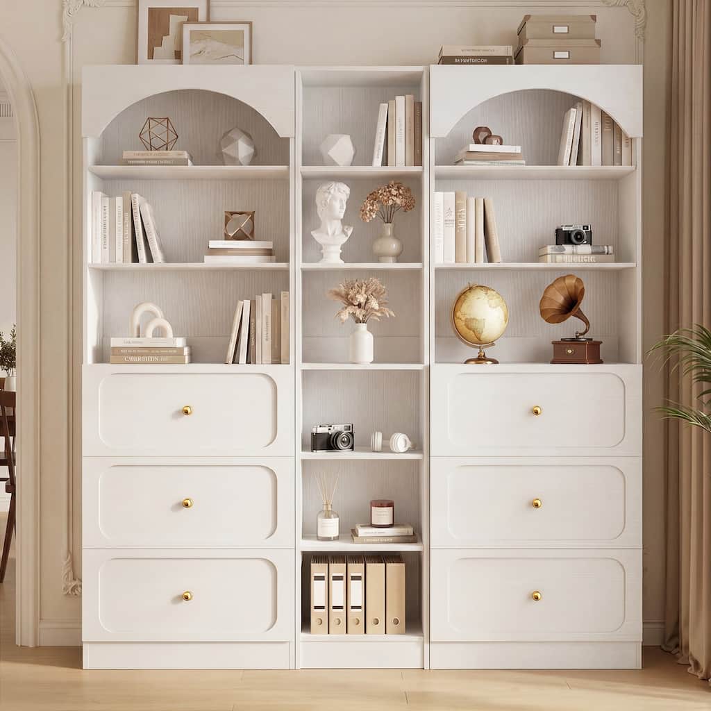 80'' Tall Bookcase with Wood Drawers, Arched Bookshelf Organizer System with Storage Shelves