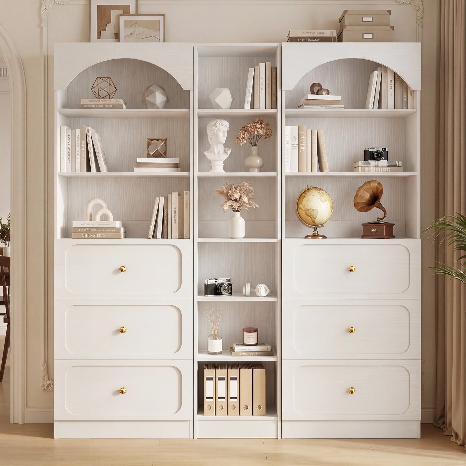 80'' Tall Bookcase with Wood Drawers, Arched Bookshelf Organizer System with Storage Shelves