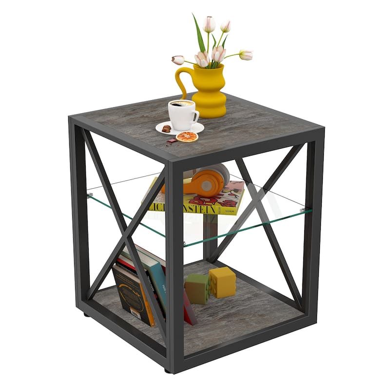 1 piece Modern End Table Nightstand, Tempered Glass&Natural Wood MDF Top ,Industrial Style Side Table