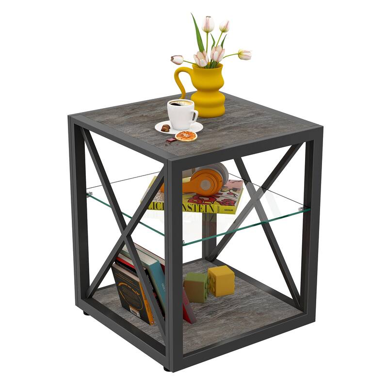 Set Of 2 Modern End Table Nightstand, Tempered Glass&Rustic Wood Grain Mdf,Industrial Style Side Table