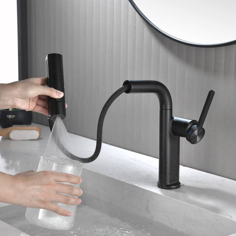 Modern 180 Degree Swivel Single Handle Bathroom Faucet with Pull Down Sprayer 3-Function Mode