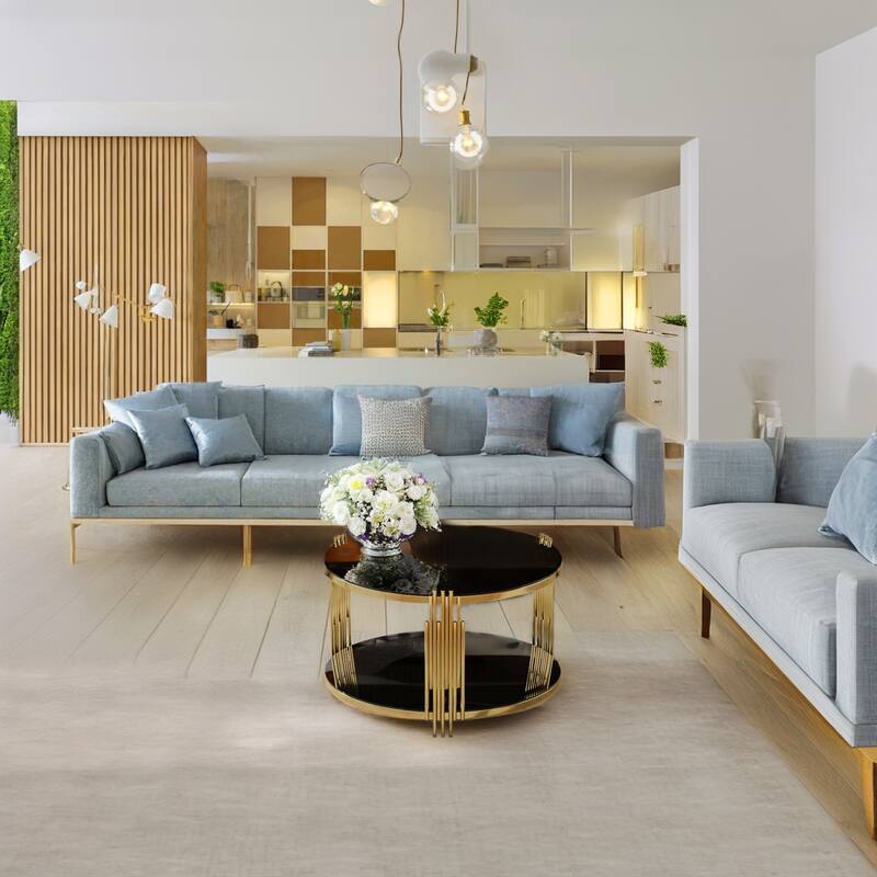 Modern Mirror Coffee Table, Asymmetrical Metal, Circular Metal Drum Base, Gold Finish & Lower Shelf
