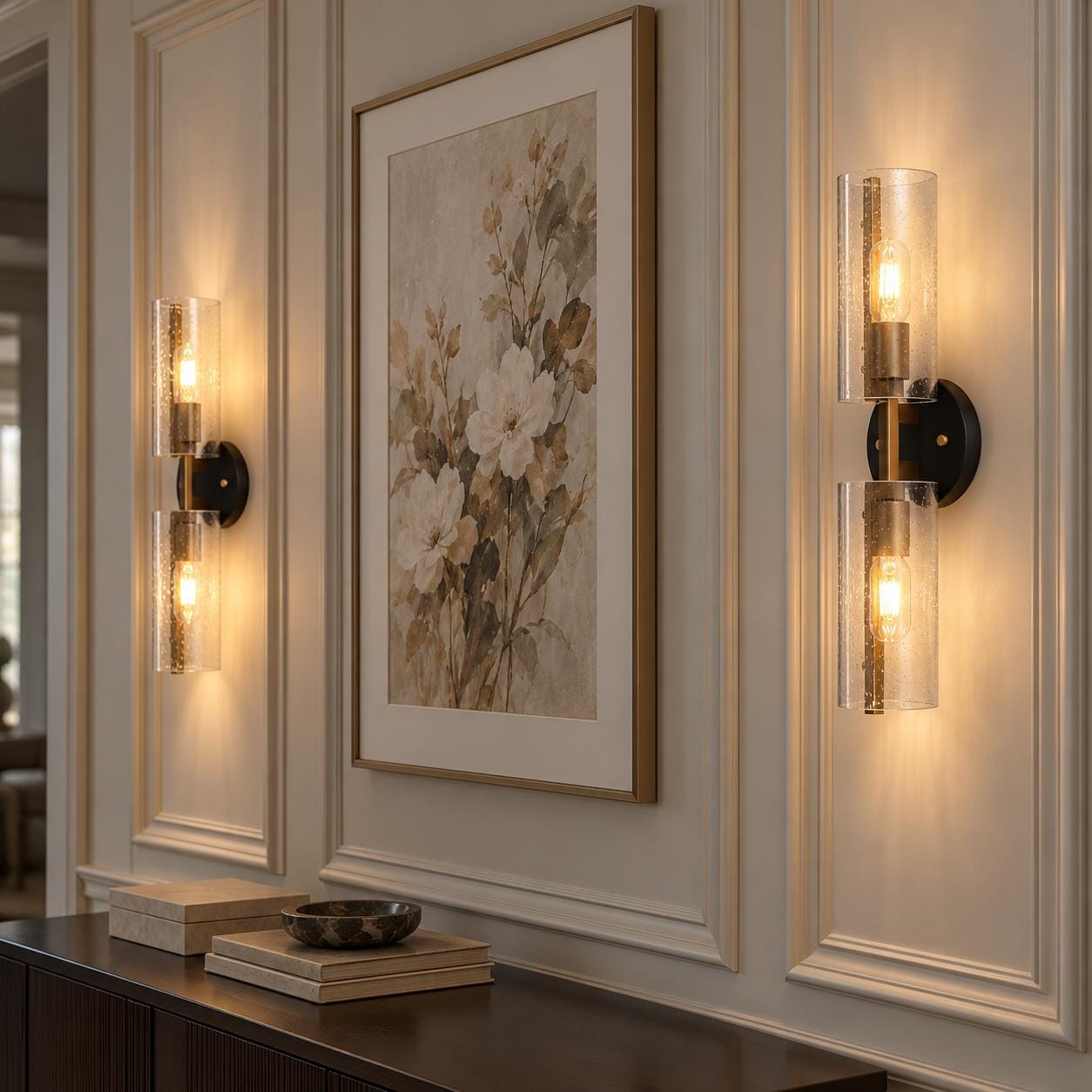 Zenith Modern Black Gold Wall Sconce Seeded Glass Bathroom Vanity Light
