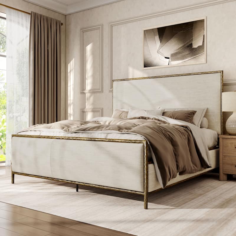 247 Shop At Home Lalia Modern Beige Upholstered Hammered Metal Panel Bed - Matte Gold - King