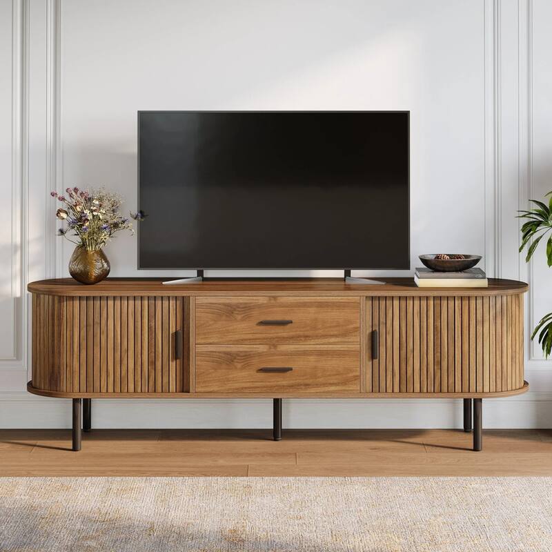 Rossetta 70.87" Mid-Century Modern retro-chic style TV Stand with Vertical Fluted Tambour Sliding Doors, up to 75" TVs - Walnut