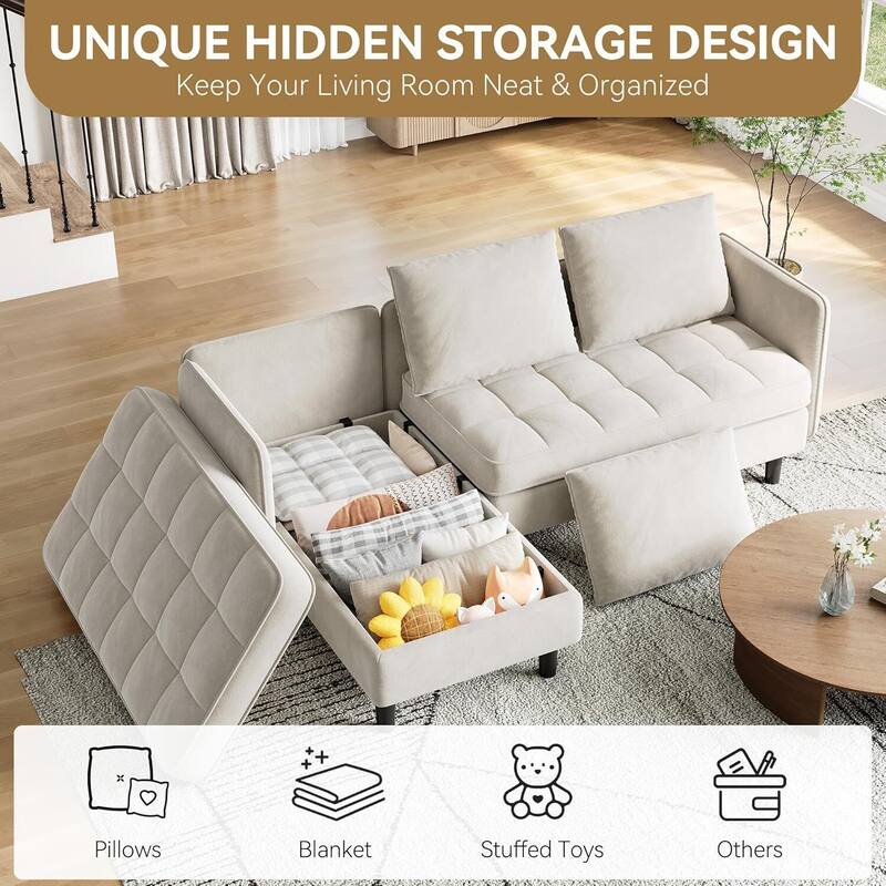 L-Shaped Chenille Convertible Sofa Couch, with Hidden Storage