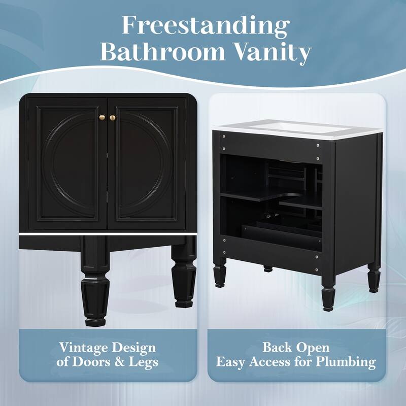30" Freestanding Bathroom Vanity with Vintage Style, Ceramic Sink, 2 Doors, Soft-Close Hinges