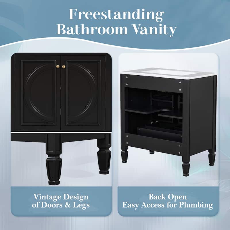 60" Double Sink Bathroom Vanity Set with Ceramic Tops, Soft-Close Doors, Storage Shelves & Drawer, Solid Wood Frame