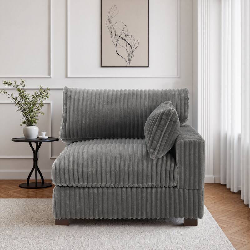 40"W Plush Corduroy Corner Accent Chair Sectional Module with Pillow - Right Facing - Light Grey