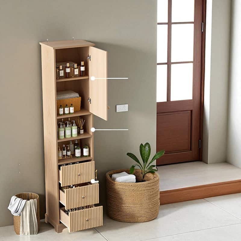 67.7 Inch Tall Freestanding Bathroom Cabinet with Adjustable Shelf, 3 Drawers, Open Storage, Gold Handles