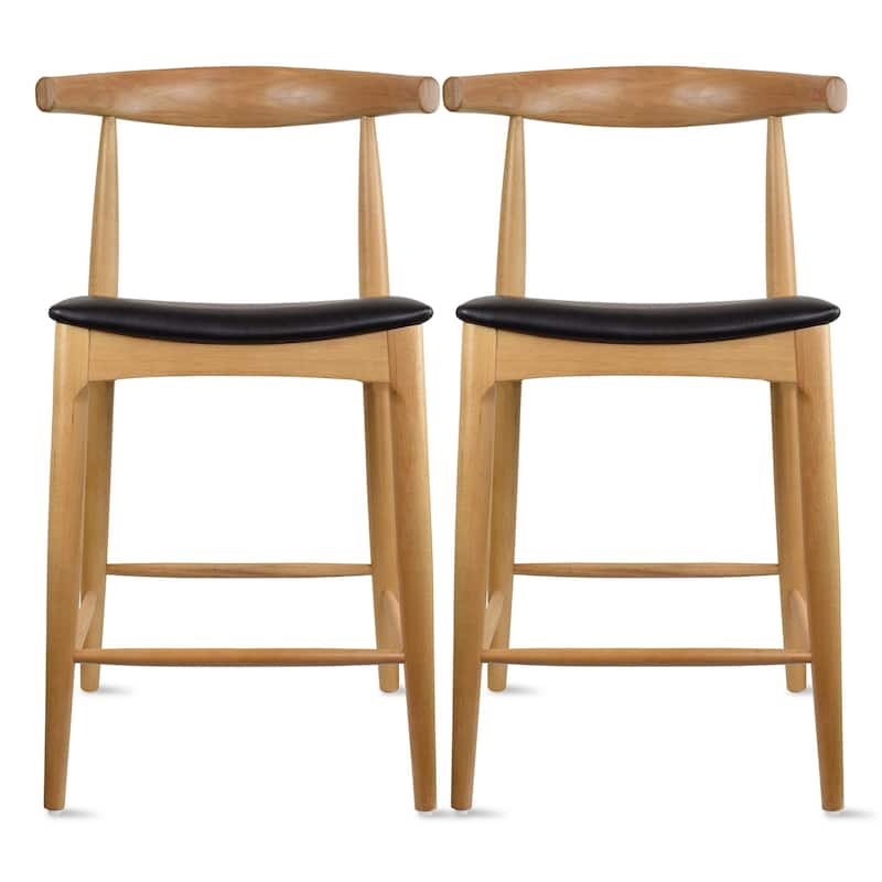 Set of 2 Solid Wood 25" Counter Height Bar Stools Barstools With Back Kitchen Island PU Leather Cushion Dining Elbow Kitchen - Natural