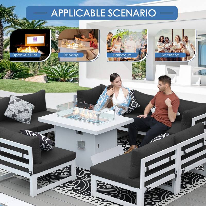 FINCATI 9-piece Extra-large Luxury Aluminum Patio Furniture Set with Deep Seating and Convertible 43'' Fire Pit Table