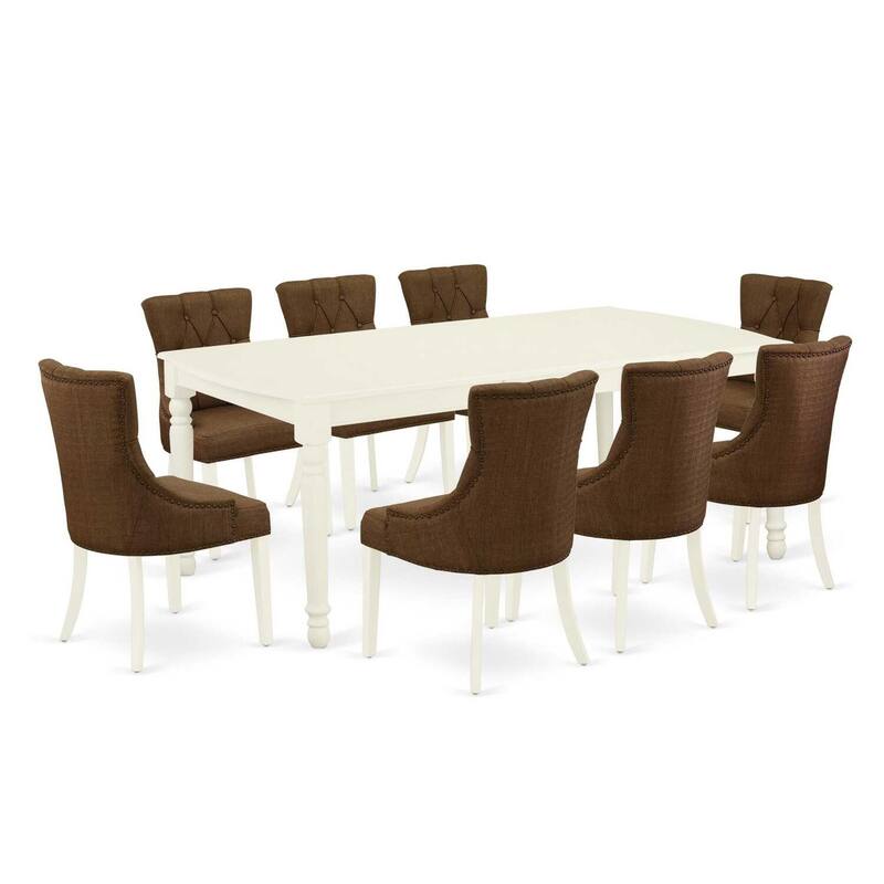 9Pc Dining Set - Rectangle Table with Butterfly Leaf & 8 Parson Chairs - Linen White & Dark Coffee - 78