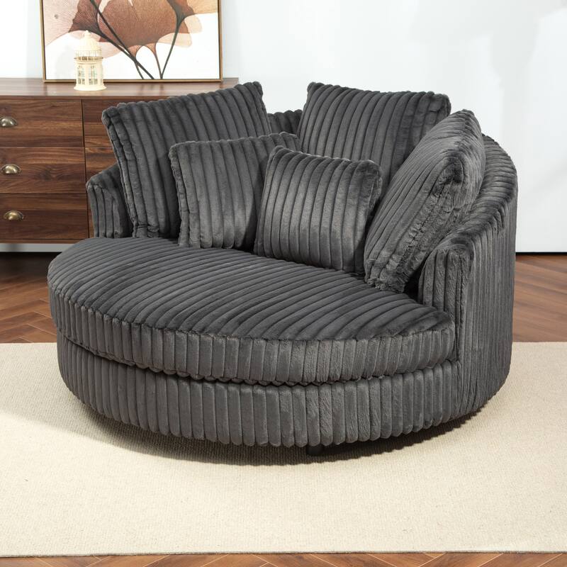 Modern Sofa Chair Round Accent Barrel Chair With 5 Pillows and Storage Ottoman