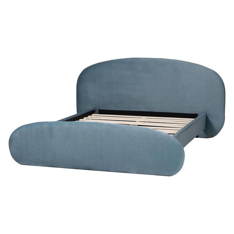 Ekram Velvet Upholstered Platform Bed - Mid-Century Modern Bed Frame with Curved Headboard and Accent Footboard
