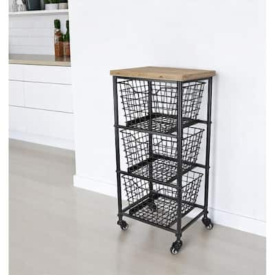 HomeRoots 32" Black And Natural Metal And Wood Basket Storage Rolling Cabinet